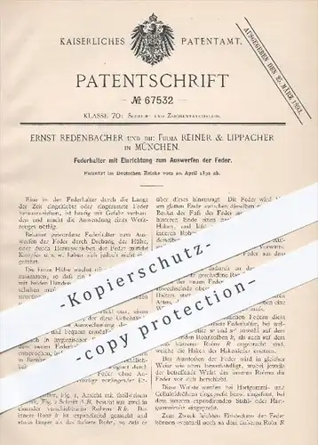 original Patent - E. Redenbacher , Reiner & Lippacher / München  1892 , Federhalter mit Auswurf der Feder , Schreibfeder