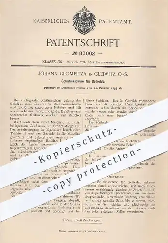 original Patent - Johann Glombitza in Gleiwitz , 1895 , Schälmaschine für Getreide , Landwirtschaft , Mühlen , Mühle !!