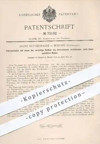 original Patent - Arent Silfversparre , Bofors , Schweden  1893 , Patronenhülse , Patronen , Waffen , Gewehr , Geschosse