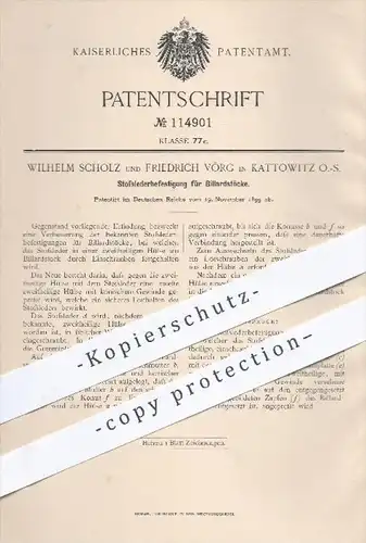 original Patent - W. Scholz , F. Vörg , Kattowitz 1899 , Stoßlederbefestigung für Billardstöcke , Queue , Billard , Pool