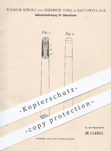 original Patent - W. Scholz , F. Vörg , Kattowitz 1899 , Stoßlederbefestigung für Billardstöcke , Queue , Billard , Pool