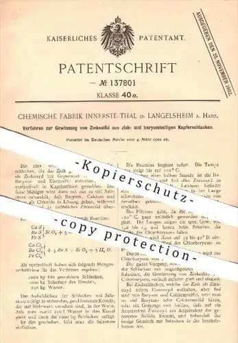 original Patent - Chemische Fabrik Innerste-Thal , Langelsheim / Harz 1902 , Gewinnung von Zinksulfid aus Kupferschlacke