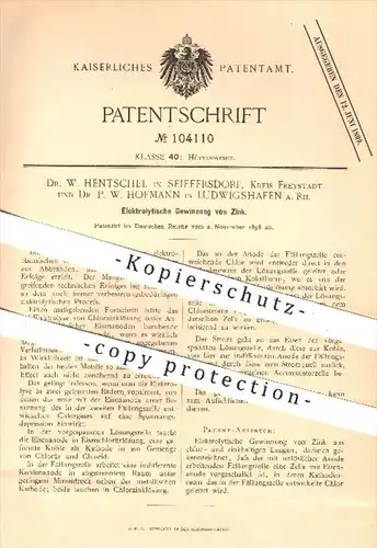 original Patent - Dr. Hentschel , Seiffersdorf / Dr. Hofmann , Ludwigshafen 1898 , Elektrolytische Gewinnung von Zink !!