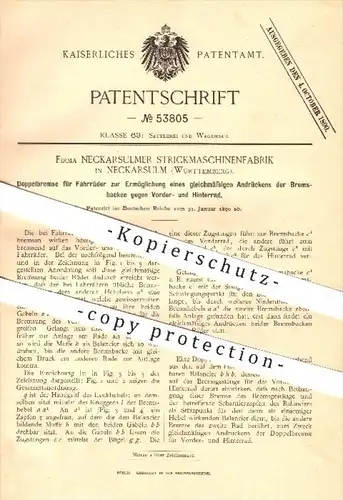 original Patent - Strickmaschinenfabrik in Neckarsulm , 1890 , Doppelbremse für Fahrräder , Bremsen , Fahrrad , Rad !!