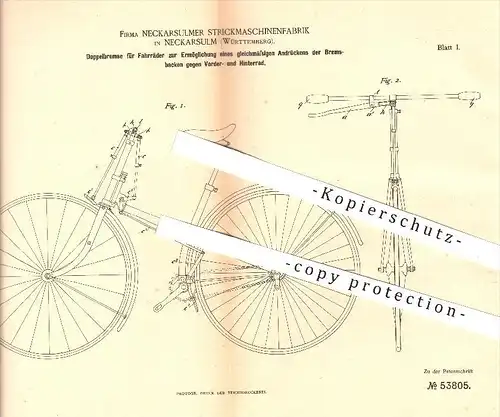 original Patent - Strickmaschinenfabrik in Neckarsulm , 1890 , Doppelbremse für Fahrräder , Bremsen , Fahrrad , Rad !!