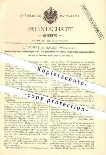 original Patent - J. Trumpy in Hagen , 1889 , Aus- u. Einschalten von Zellen elektrischer Sammelbatterien , Batterien