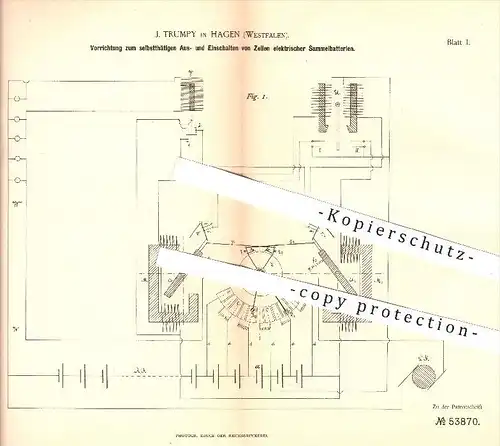 original Patent - J. Trumpy in Hagen , 1889 , Aus- u. Einschalten von Zellen elektrischer Sammelbatterien , Batterien