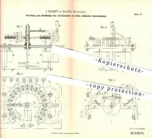 original Patent - J. Trumpy in Hagen , 1889 , Aus- u. Einschalten von Zellen elektrischer Sammelbatterien , Batterien