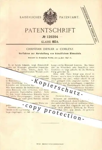 original Patent - C. Diesler , Koblenz 1898 , Herstellung von künstlichem Bimsstein , Bimssand , Alkali , Kali , Natron