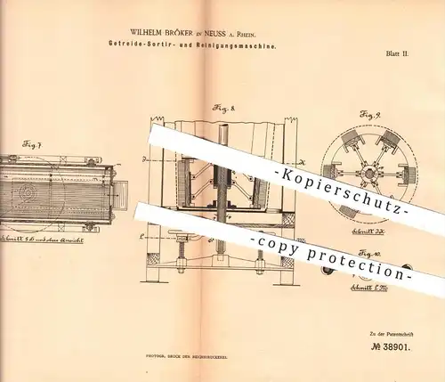 original Patent - Wilh. Bröker , Neuss / Rhein , 1886 , Maschine zum Sortieren u. Reinigen von Getreide , Landwirtschaft