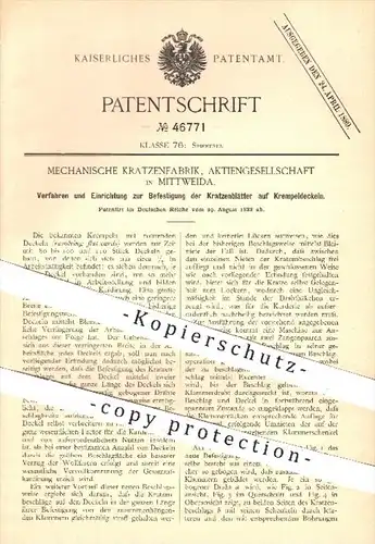 original Patent - Mechanische Kratzenfabrik AG in Mittweida , 1888 , Befestigung der Kratzenblätter auf Krempeldeckeln