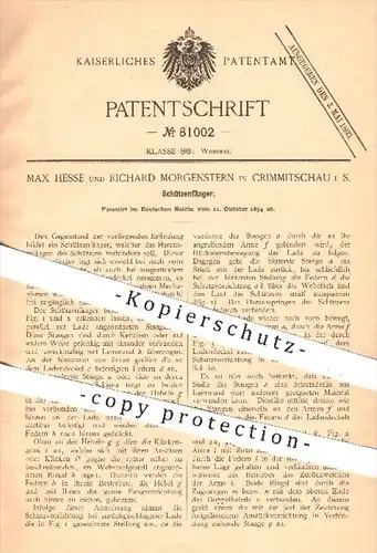 original Patent - M. Hesse / R. Morgenstern / Crimmitschau , 1894 , Schützenfänger , Webstuhl , Weben , Weber , Weberei