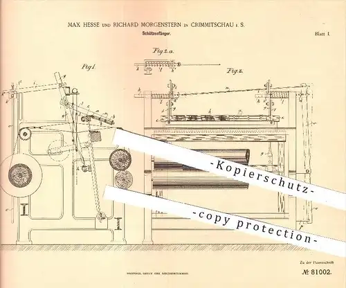 original Patent - M. Hesse / R. Morgenstern / Crimmitschau , 1894 , Schützenfänger , Webstuhl , Weben , Weber , Weberei