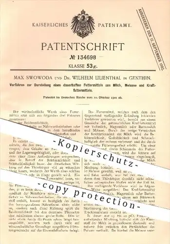 original Patent - M. Swowoda u. Dr. W. Lilienthal / Genthin , 1900 , Darstellung von Futtermittel aus Milch , Melasse !!