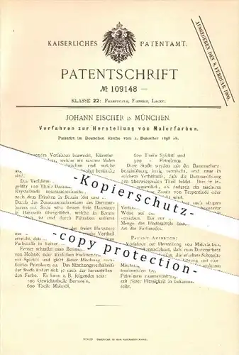 original Patent - Johann Eischer in München , 1898 , Herstellung von Malerfarben , Farbe , Farben , Lacke , Maler !!!