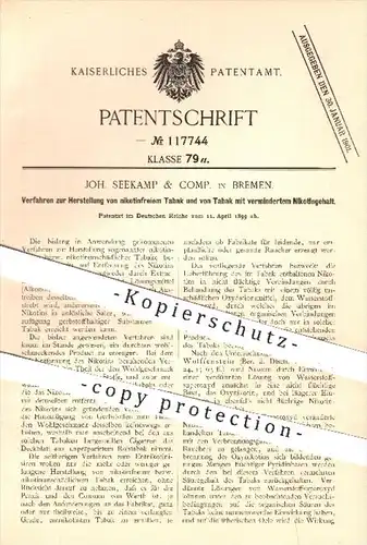 original Patent - J. Seekamp & Comp. , Bremen , 1899 , Herstellung von nikotinfreiem Tabak , Nikotin , Rauchen , Zigarre