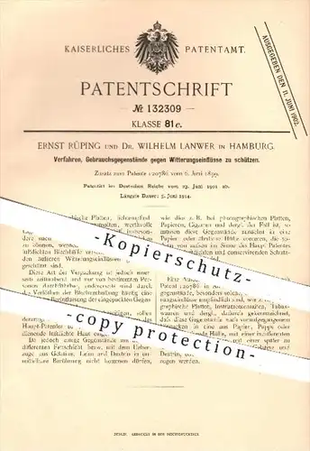 original Patent - E. Rüping , Dr. W. Lanwer / Hamburg , 1901 , Verfahren, um Gegenstände vor Witterung zu schützen