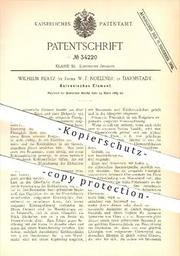original Patent - W. Reatz bei W. F. Noellner / Darmstadt , 1885 , Galvanisches Element , Elektroden , Eisen , Kohle !