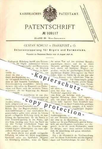 original Patent - G. Schulz , Frankfurt / Oder 1898 , Oktavenkoppelung für Orgel , Harmonium / Orgeln , Organist , Musik