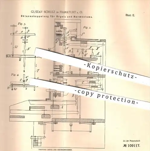 original Patent - G. Schulz , Frankfurt / Oder 1898 , Oktavenkoppelung für Orgel , Harmonium / Orgeln , Organist , Musik