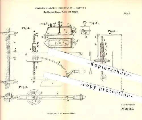 original Patent - Fr. A. Zschiesche , Cottbus 1884 , Maschine zum Bügeln , Pressen u. Mängeln , Mangel , Presse , Wäsche