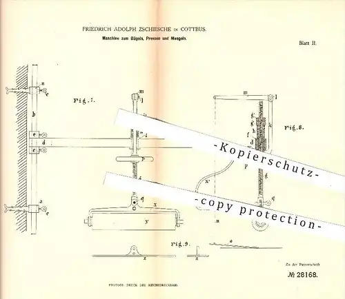 original Patent - Fr. A. Zschiesche , Cottbus 1884 , Maschine zum Bügeln , Pressen u. Mängeln , Mangel , Presse , Wäsche