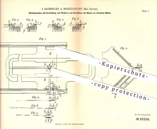 original Patent - J. Arzberger , Markersdorf / Leipzig , 1892 , Strickmaschine zum Plattieren u. Verstärken der Ware !