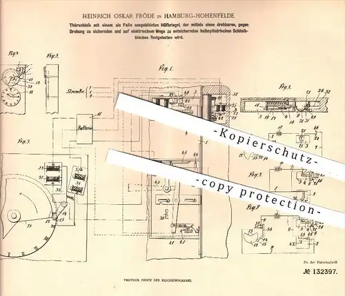 original Patent - H. O. Fröde , Hamburg - Hohenfelde , 1900 , Türschloss , Tür , Schloss , Schlosser , Riegel !!!