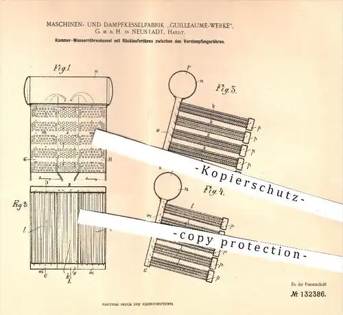 original Patent - Maschinen- u. Dampfkesselfabrik Guilleaume - Werke GmbH , Neustadt 1901 , Kammer - Wasserröhrenkessel