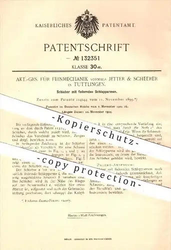 original Patent - AG für Feinmechanik / Jetter & Scheerer , Tuttlingen 1901 , Schieber mit Schlepparmen , Schere , Zange