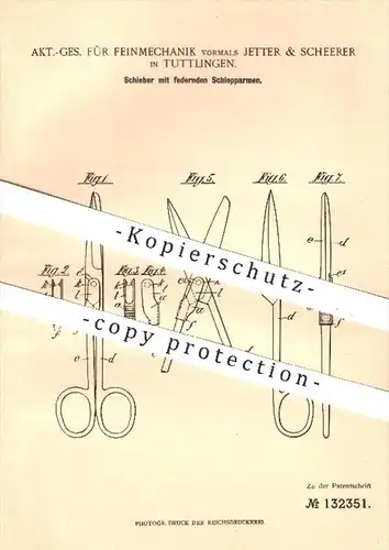 original Patent - AG für Feinmechanik / Jetter & Scheerer , Tuttlingen 1901 , Schieber mit Schlepparmen , Schere , Zange