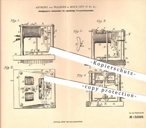 original Patent - Anthony van Wagenen , Sioux City , USA , 1901 , Schaltgesperre für Fernsprechumschalter , Fernsprecher