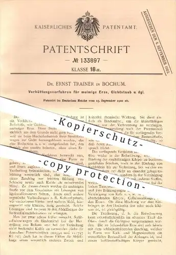 original Patent - Dr. Ernst Trainer , Bochum , 1900 , Verhüttungsverfahren für mulmige Erze , Gichtstaub , Bergbau , Erz