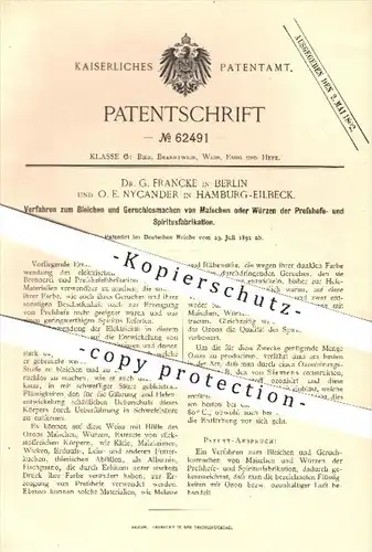 original Patent - Dr. G. Francke , Berlin / O. E. Nycander , Hamburg - Eilbeck , 1891 , Bleichen von Maischen , Würzen !