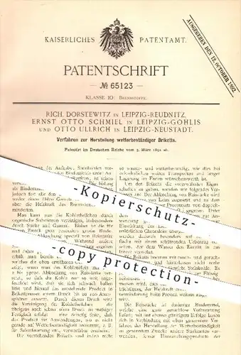 original Patent - Rich. Dorstewitz , E. O. Schmiel , Otto Ullrich / Leipzig , 1892 , Herstellung von Briketts , Kohlen !