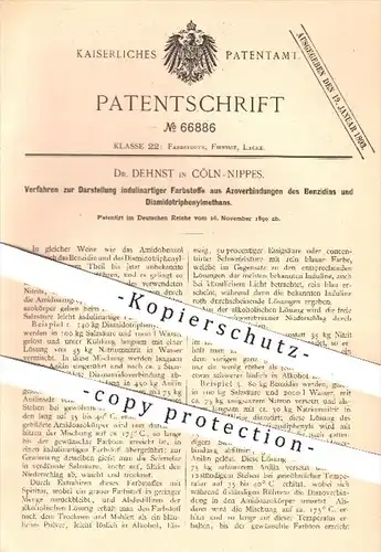 original Patent - Dr. Dehnst in Köln - Nippes , Darstellung indulinartiger Farbstoffe , Azo , Benzin , Farben , Lacke !