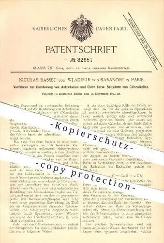 original Patent - N. Basset & Wladimir von Baranoff , Paris , 1894 , Darstellung von Salzsäure , Chloralkalien , Chlor