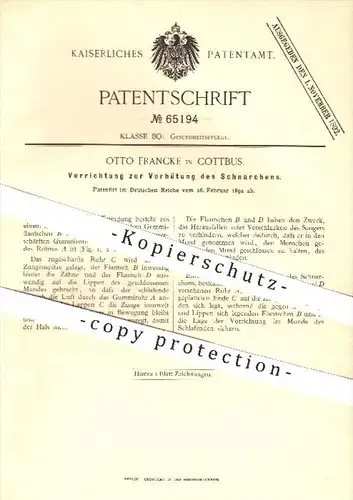 original Patent - Otto Francke in Cottbus , 1892 , Verhüten von Schnarchen , Gesundheit , Medizin , Schlafen , Arzt !!!