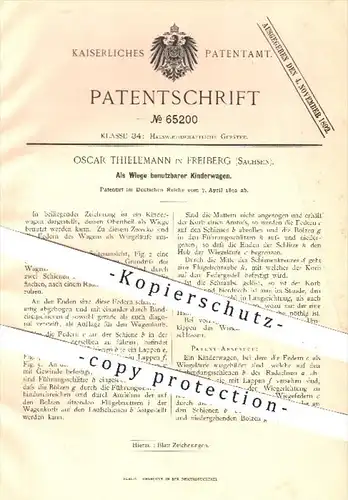 original Patent - Oscar Thielemann in Freiberg , 1892 , Als Wiege benutzbarer Kinderwagen , Kinder , Hauswirtschaft