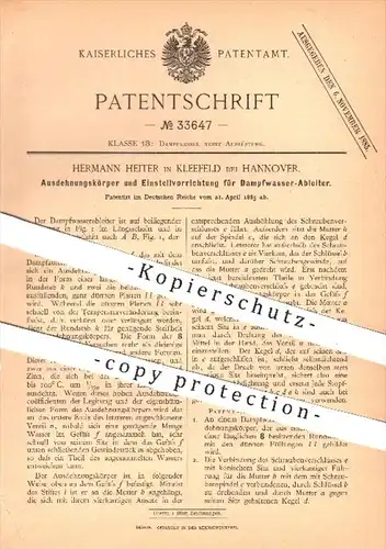 original Patent - H. Heiter , Kleefeld / Hannover , 1885 , Ausdehnungskörper u. Einstellung für Dampfwasser - Ableiter