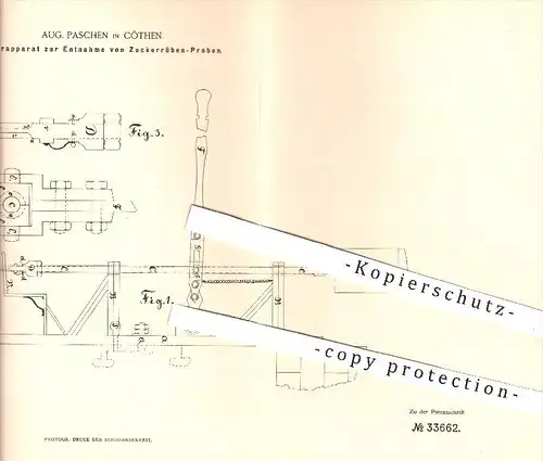 original Patent - A. Paschen / Cöthen , 1885 , Bohrapparat zur Entnahme von Zuckerrüben - Proben , Zuckerfabrik , Zucker