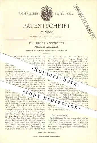 original Patent - P. J. Fliegen in Wiesbaden , 1885 , Füllhahn mit Alarmapparat , Ausschank , Gastronomie , Bier , Fass