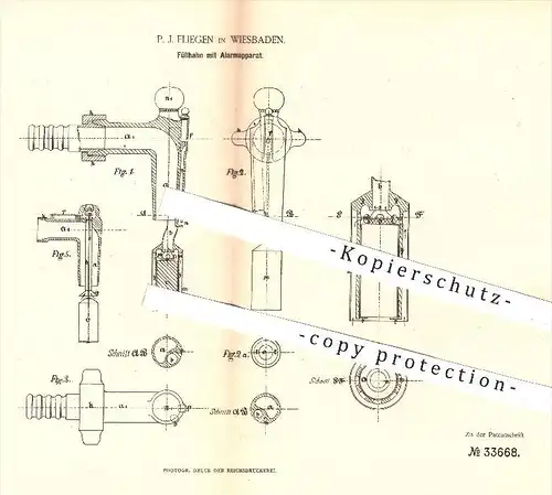 original Patent - P. J. Fliegen in Wiesbaden , 1885 , Füllhahn mit Alarmapparat , Ausschank , Gastronomie , Bier , Fass