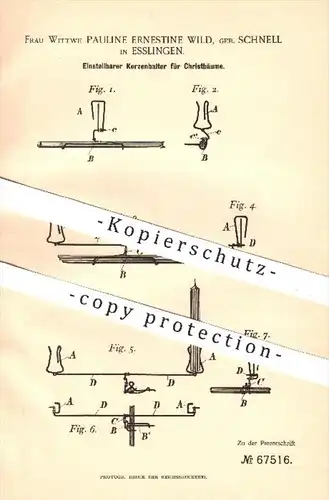 original Patent - P. E. Wild , geb. Schnell / Esslingen , 1892 , Kerzenhalter für Christbaum , Weihnachtsbaum , Kerzen !