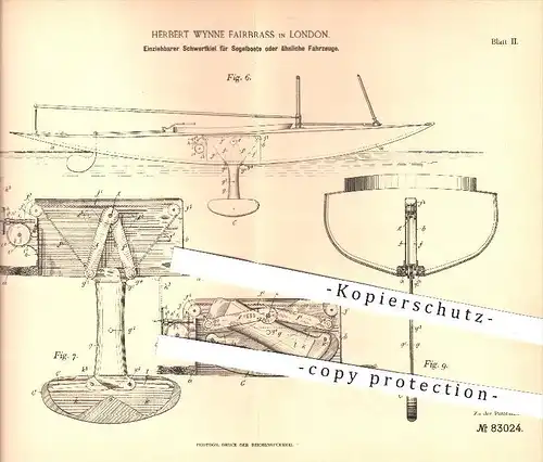 original Patent - Herbert Wynne Fairbrass in London , 1895 , Einziehbarer Schwertkiel für Segelboote , Boote , Schiffe !