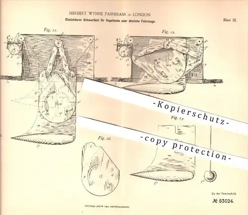 original Patent - Herbert Wynne Fairbrass in London , 1895 , Einziehbarer Schwertkiel für Segelboote , Boote , Schiffe !