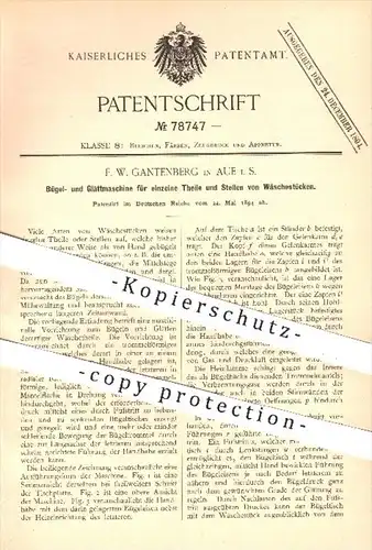 original Patent - F. W. Gantenberg in Aue , 1894 , Maschine zum Bügeln u. Glätten von Wäsche , Bügeleisen , Wäscherei !!
