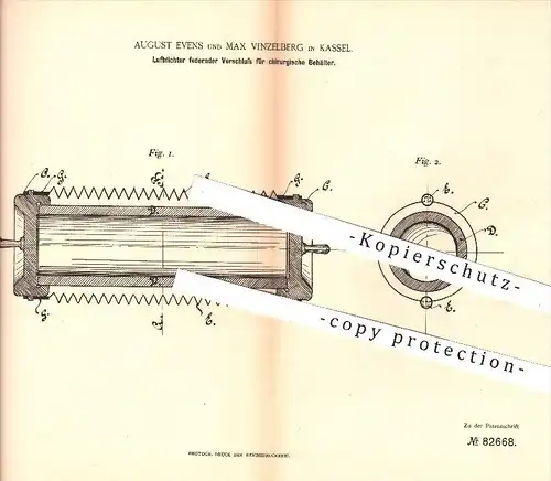 original Patent - A. Evens , M. Vinzelberg / Kassel , 1895 , Luftdichter Verschluss für chirurgische Behälter , Chirurge