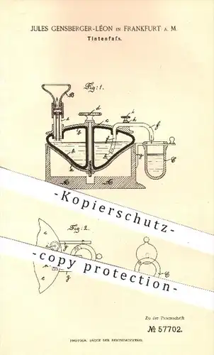 original Patent - Jules Gensberger - Léon , Frankfurt / Main  1891 , Tintenfass , Tinte , Fass , Schreiben , Federhalter