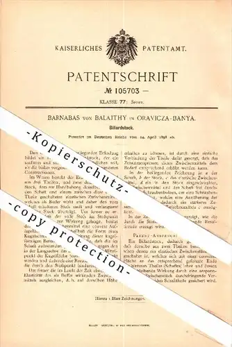 Original Patent - Barnabas von Balajthy in Oravicza-Banya / Oravicabánya , 1898 , Billiard-Stock , Rumänien , Romania !!